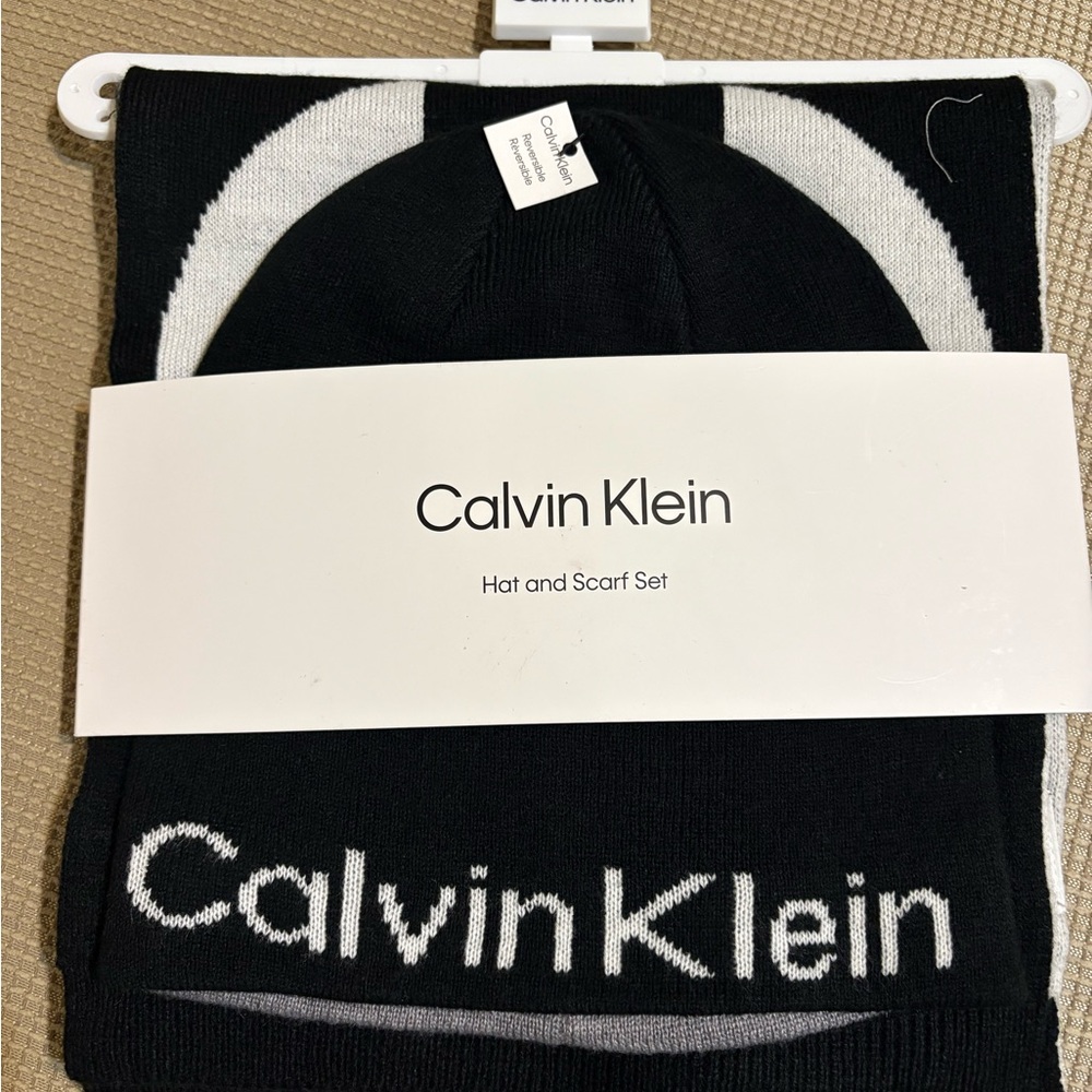 Calvin Klein Black and White Hat and Scarf Set